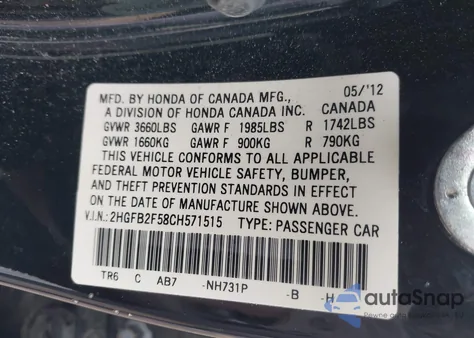 2012 Honda Civic Lx z USA, uszkodzony, nr VIN 2HGFB2F58CH571515
